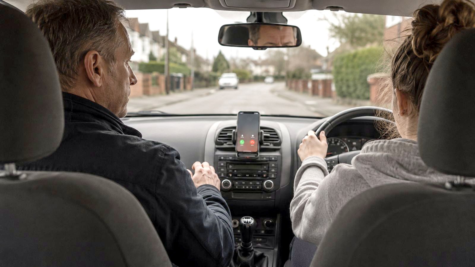 A driving instructor at work, unable to reach a ringing phone.