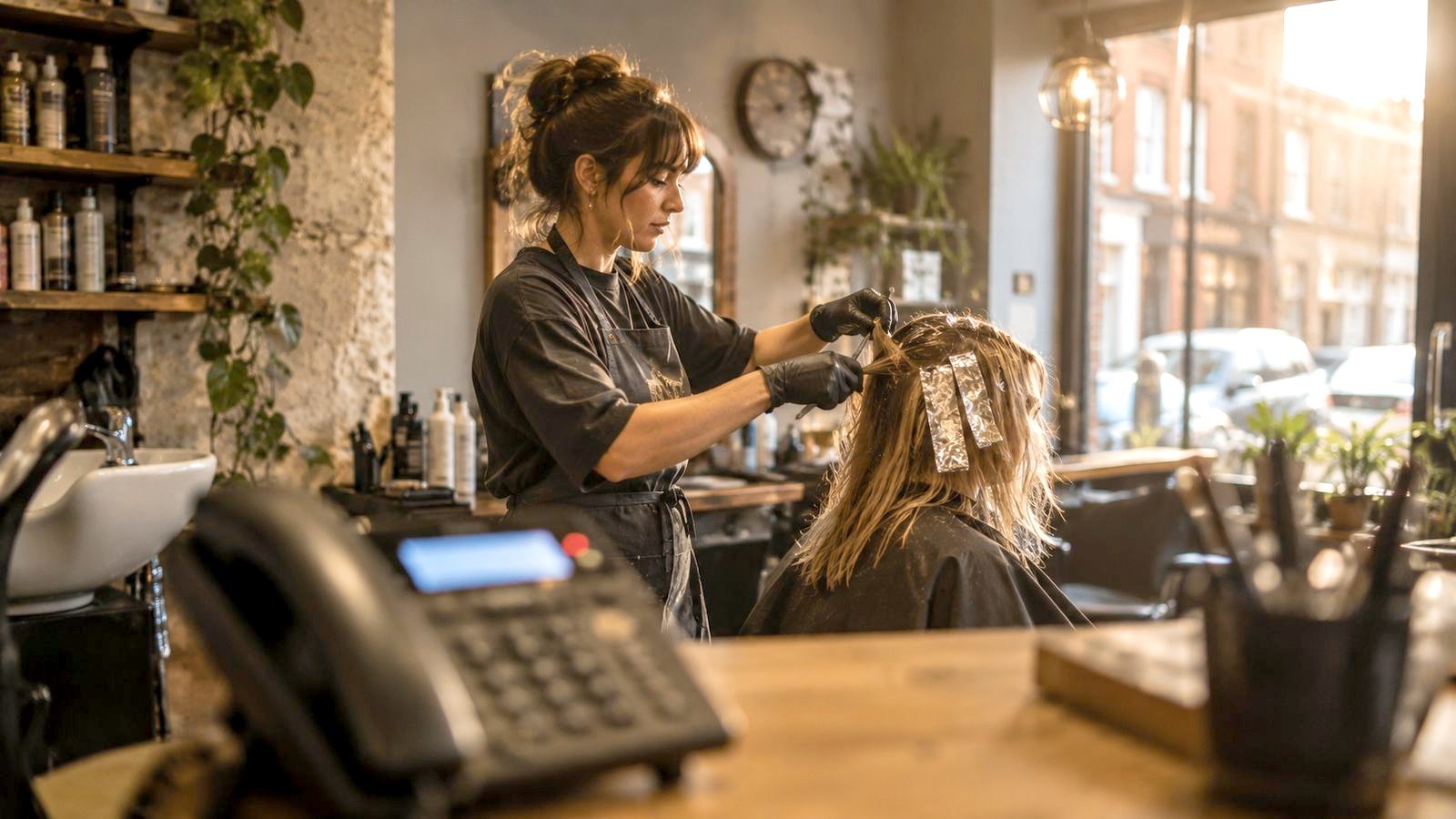 A beauty salon at work, unable to reach a ringing phone.